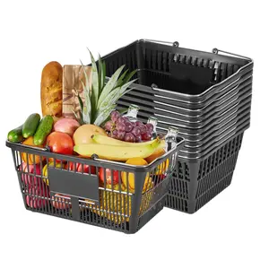 VEVOR Shopping Baskets, 12 PCS, 21L Stackable PE Plastic Grocery Baskets with Handles, Dense Mesh Structure, Holds up to 20 lbs, Portable for Grocery, Retail, Stores, Supermarket, Home Use, Black