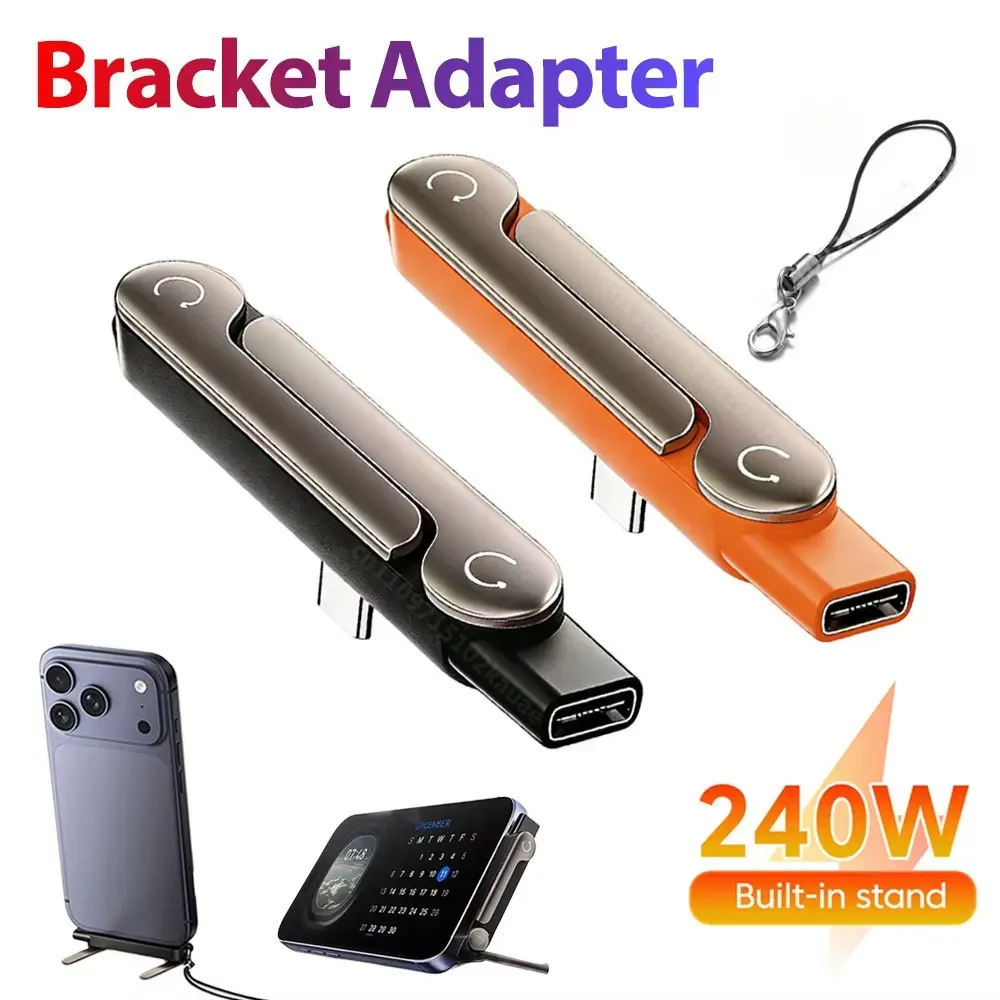 2PCS Type C Phone Charging Bracket Adapter 240W Fast Charging OTG Type-C Male to USB-C Female Converter With foldable Holder