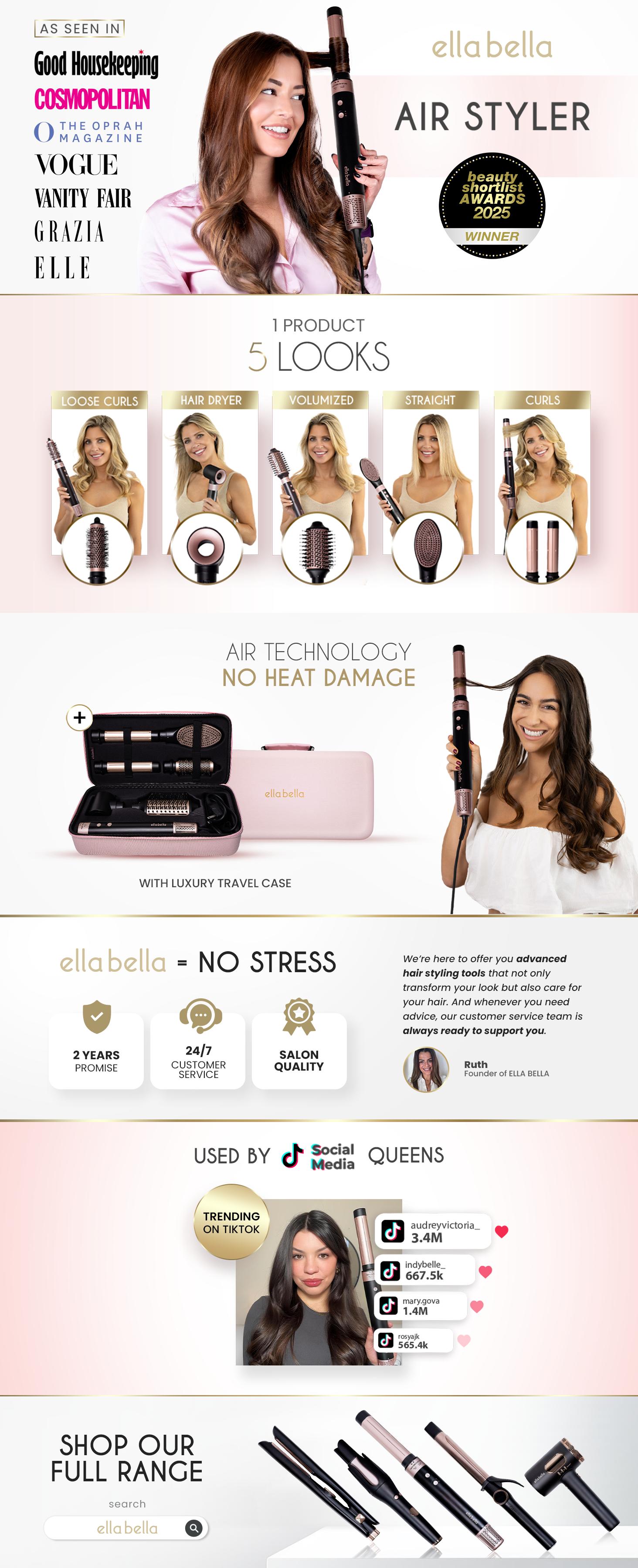 ELLA BELLA 6 in 1 Professional Hot Air Styler • Powerful Hair Dryer & Straightener Set • Styling Without Heat Damage • Fast Drying Curling Volumizing Straightening • Includes Protective Travel Case