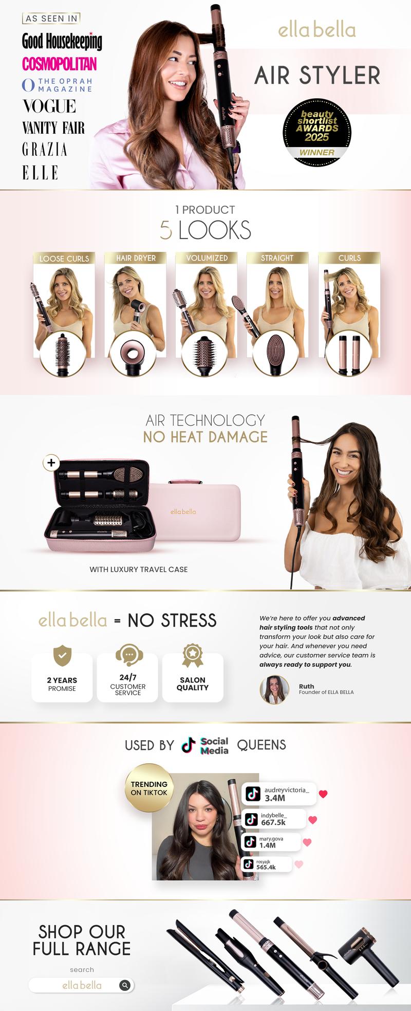 ELLA BELLA 6 in 1 Professional Hot Air Styler • Powerful Hair Dryer & Straightener Set • Styling Without Heat Damage • Fast Drying Curling Volumizing Straightening • Includes Protective Travel Case