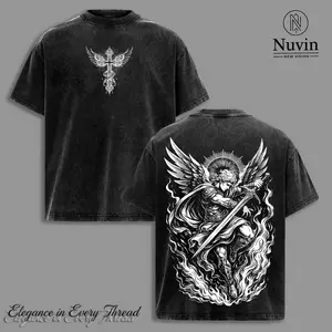 Archangel Michael Vintage Washed Oversized Christian T-Shirt, Sweatshirt, Hoodie Angel of Fire Faith Graphic Tee, Heavy Cotton Dark Scripture Streetwear Top, Unisex Retro Worship Shirt for Believers