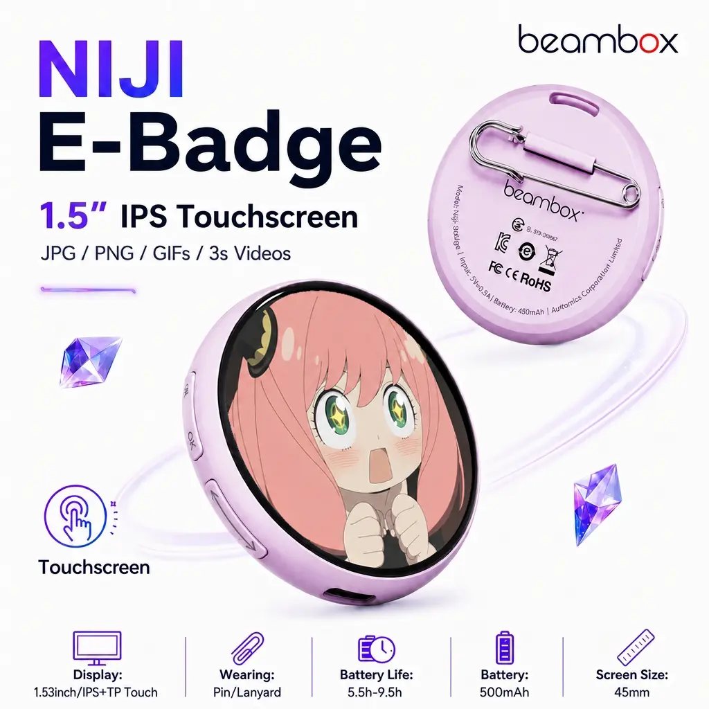 Beambox Digital Badge-Niji LED Display  Pin - Custom DIY Video Badge, Anime Bag Charm, Personalized Gift for Creators & Tech Lovers, Collectible Pins, Bag Charm Anime, Brooch, Personal Anime Pin