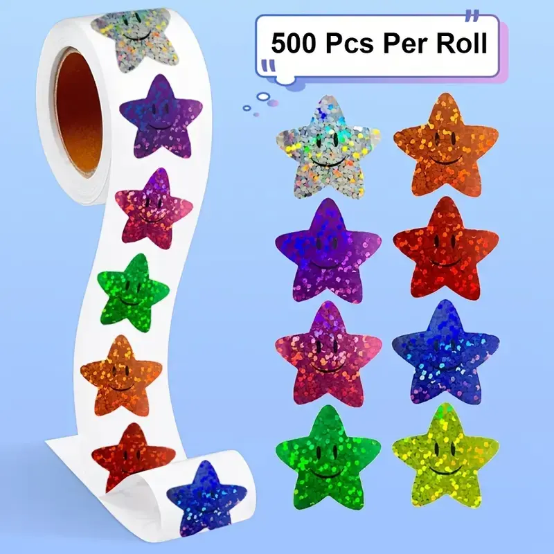 500 Pieces Glitter Foil Star Stickers Roll, Self-Adhesive Stars for Rewards Chart and Decorative Labels, Decoration Sticker, Suitable for Students and Teachers, Aesthetic Stickers