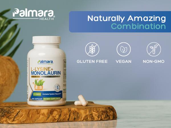 L-Lysine + Monolaurin 600mg – Immune and Digestive Support 1:1 Ratio, 100 Capsules | Palmara Health