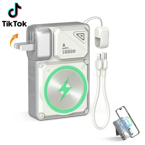 Magnetic Power Bank Charger 10000mAh 22.5WMAX, Portable Charger with Built-in Cable and Foldable AC Plug for Samsung Google Pixel Moto iPhone iPad