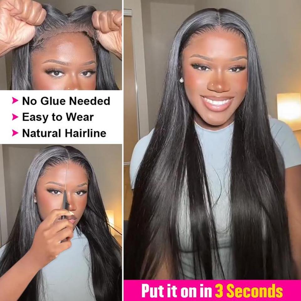 9x6 Glueless HD Lace Wig 180% Density Straight Virgin Human Hair 5x5 Closure Wig Pre-Cut Lace  Frontal Wig For Women 180% Density Natural Black No Glue Needed