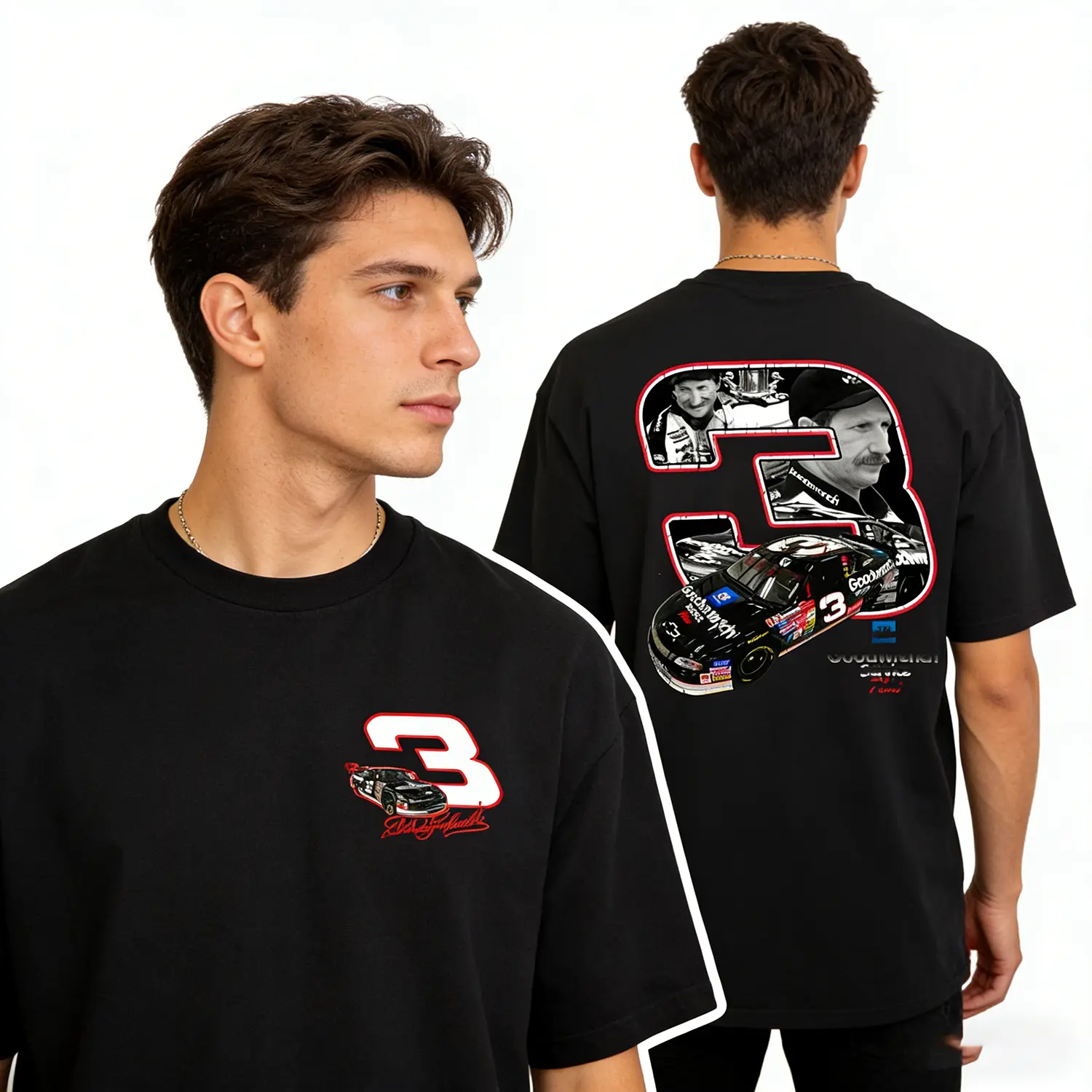 Men's Dale Earnhardt 03 Retro 90s NASCAR Short-Sleeve Graphic Print Tee, Menswear Outfits, All-Over Print Vintage Racing Top, Hoodie & Sweatshirt, Sporty Casual Streetwear, Gift for Car Racing Fans