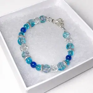 Beautifully Blue and Clear Handmade Beaded Bracelet with Chain for Adjustment Adjustable Beaded Jewelry