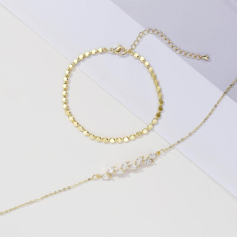 CAROVO 14K Gold-Plated Cuban Chain Bracelet Set with Leaf Shaped Crystal Beads Layered Stackable Waterproof Gold Jewelry Gift for Women