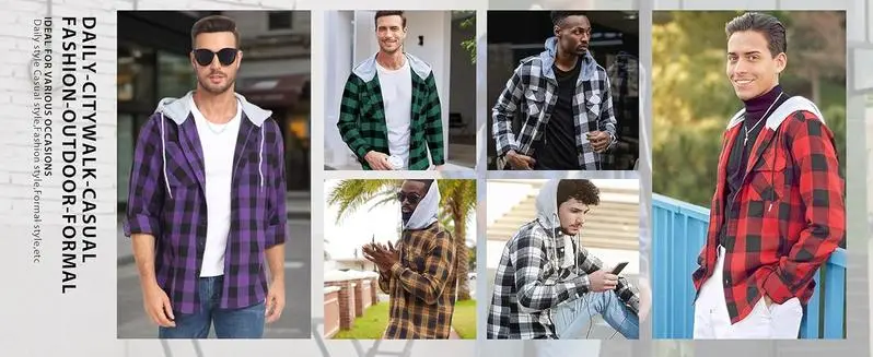 ZITY Men's Checkered Flannel Button-Front Hooded Jacket - Male Clothing, Fitted Regular-Fit Long-Sleeve Top with Drawstring Hood, Buttons, Pockets for Spring & Fall