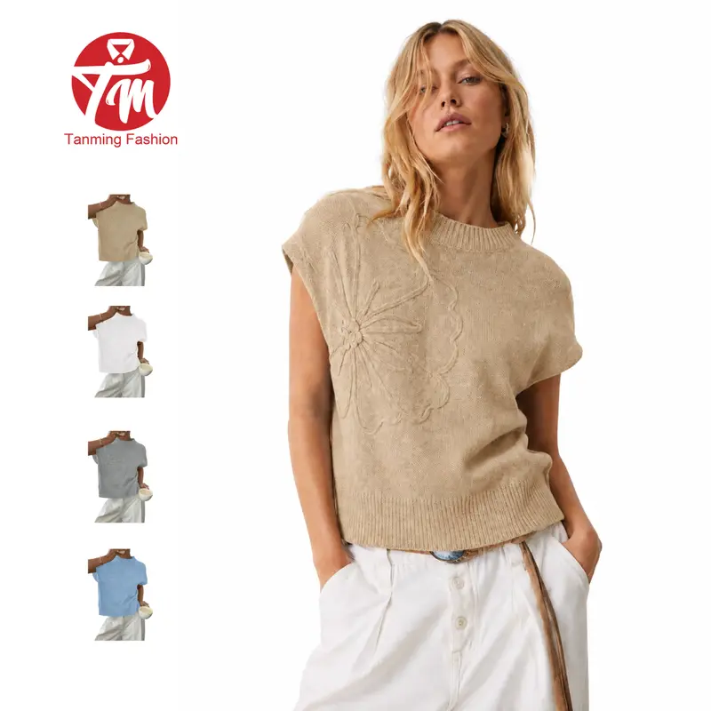 Tanming Womens 3D Floral Knit Vest - Crewneck Embroidered Sleeveless Layering Sweater Top - Spring Summer Fall Casual Chic Outfits