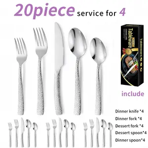 20pcs Cutlery Set Silvery Hammer Pattern Design Western Cutlery Knife, Fork, Spoon Suitable for Home Use, Weddings, Restaurants and Hotels - Dishwasher Safety - Recommended Halloween And Christmas gift for women