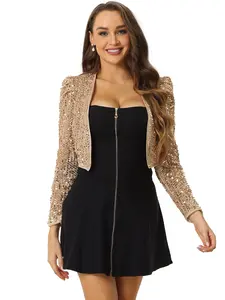 INSPIRE CHIC Sequin Shrug Open Front Collarless Glitter Sparkly Crop Blazer Jacket