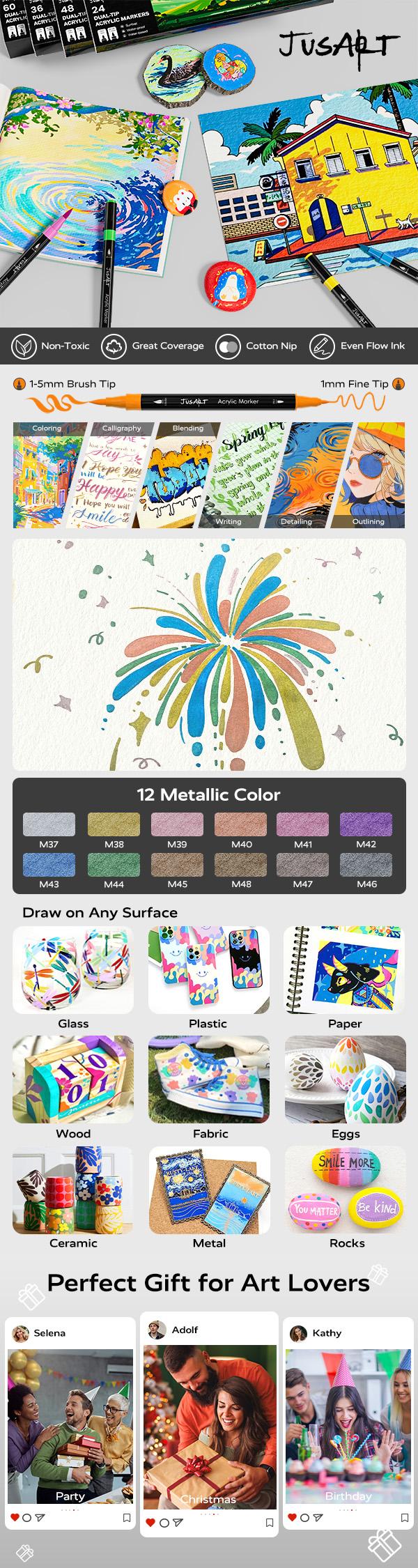 [JusArt] 60/36/24 Colors Dual Tip Acrylic Paint Pens Markers, Brush and Fine Tip, Premium Paint Pens for Various Surfaces, Acrylic Paint Markers, Markers for Coloring, Art Supplies, Acrylic Marker, Coloring Supplies