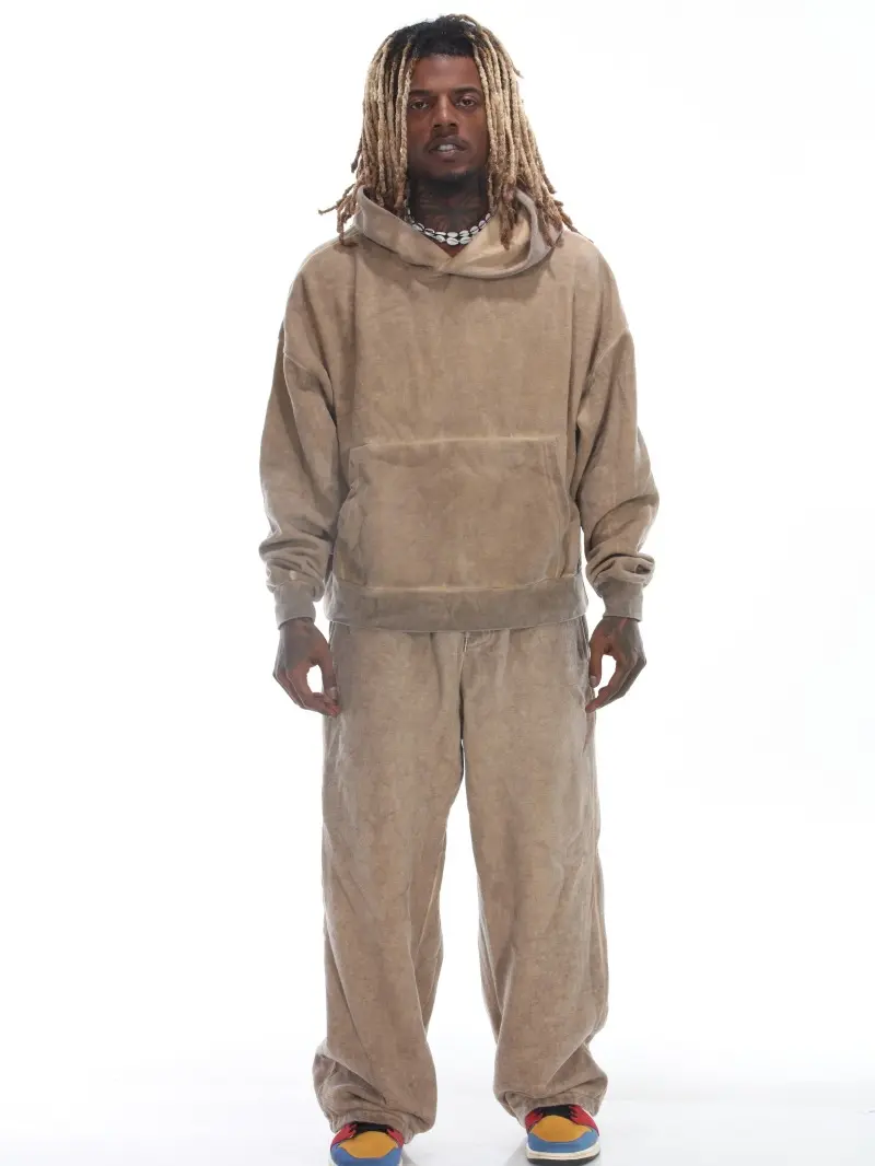 Camel Brown Vintage Wash Baggy Sweatsuit - Wide Leg Sweatpants - drop shoulder boxy fit hoodie - luxury streetwear