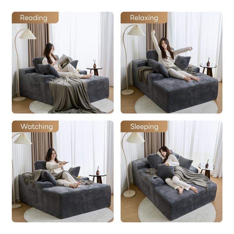 LIKIMIO 49" Oversized Chaise Lounge Sofa Bed with 2 Cup Holders & Storage Pocket - Plush Corduroy Upholstered, No Assembly Cloud Couch for Living Room, Bedroom, or Reading Nook