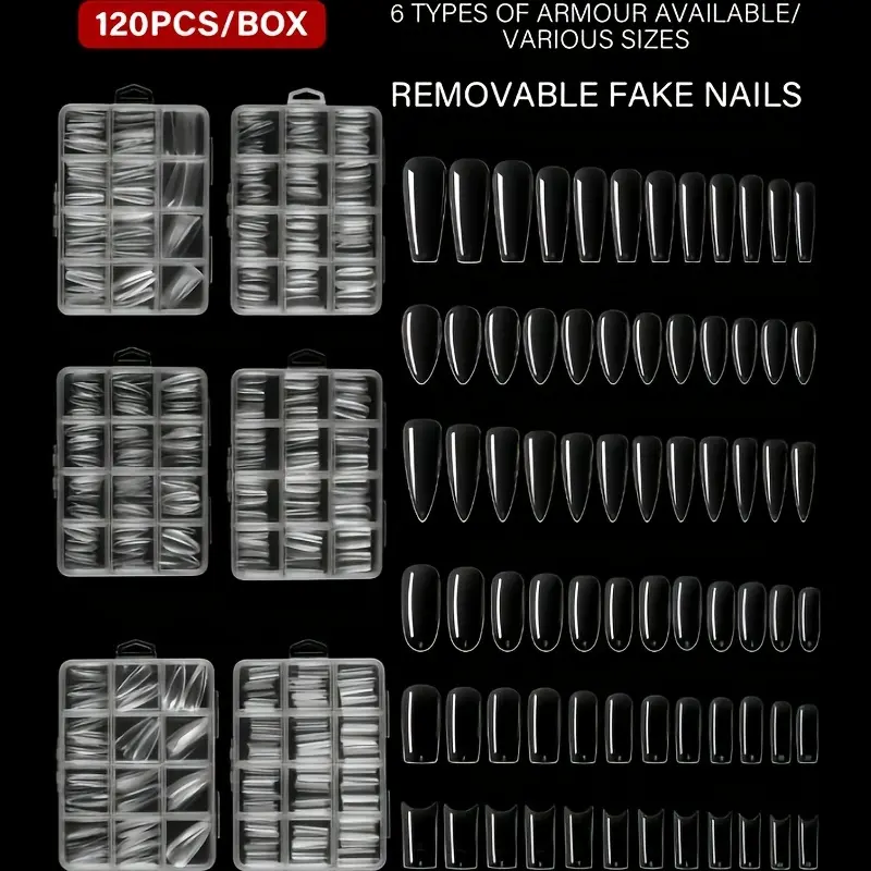 120pcs Transparent Coffin Almond Short Jeans Oval Square Other Shapes Diy Nails Art Stickers, Nail Art Products, Full Set Durable Acrylic False Nails for Extension & Trimming Tools, Fake Nails Extensions