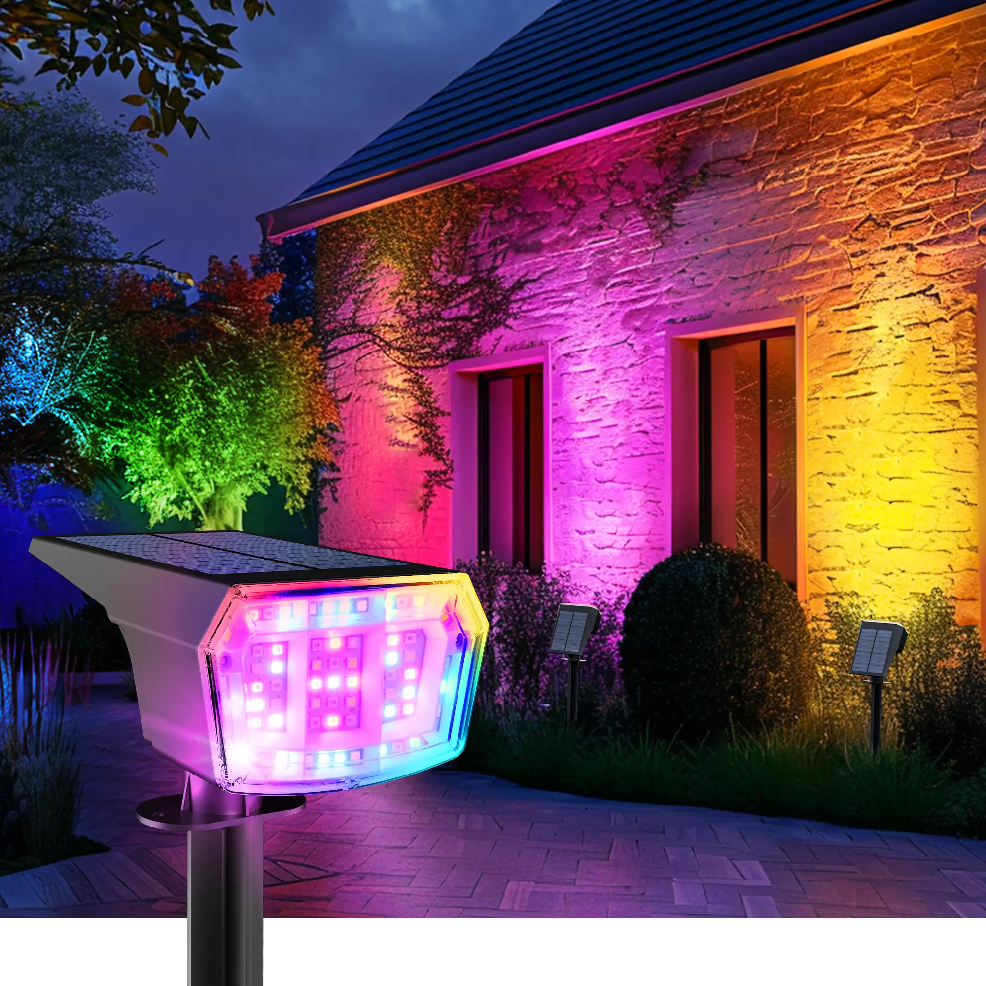 Solar Spot Lights Outdoor for Halloween&Christmas, 9 Lighting Modes RGB, Solar Lights Outdoor Waterproof IP65, 63 LED Landscape Spotlights for Halloween Christmas Decorations solar walllight solarlights，summergarden