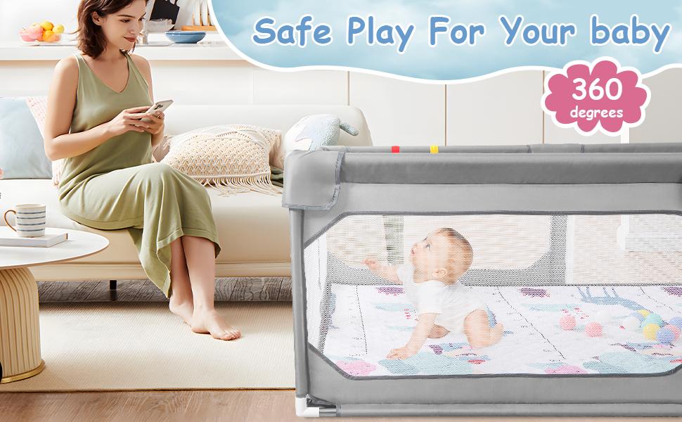 Benazcap Extra Large Baby Playpen with Mat 75"*59" BPA-Free Safe No Gaps Design, Sturdy Safety Play Yard for Indoor Outdoor Fun, Fun Gift for Mothers,Grey