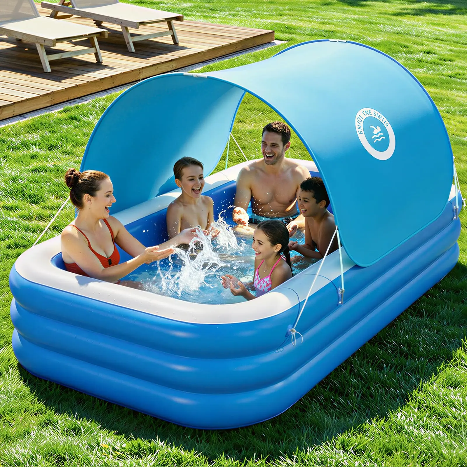 Extra Large PVC Material Family Size Inflatable Pool with Canopy, 118"x69" Backyard Play Pool for Adults, Quick Drain for Summer Water Fun