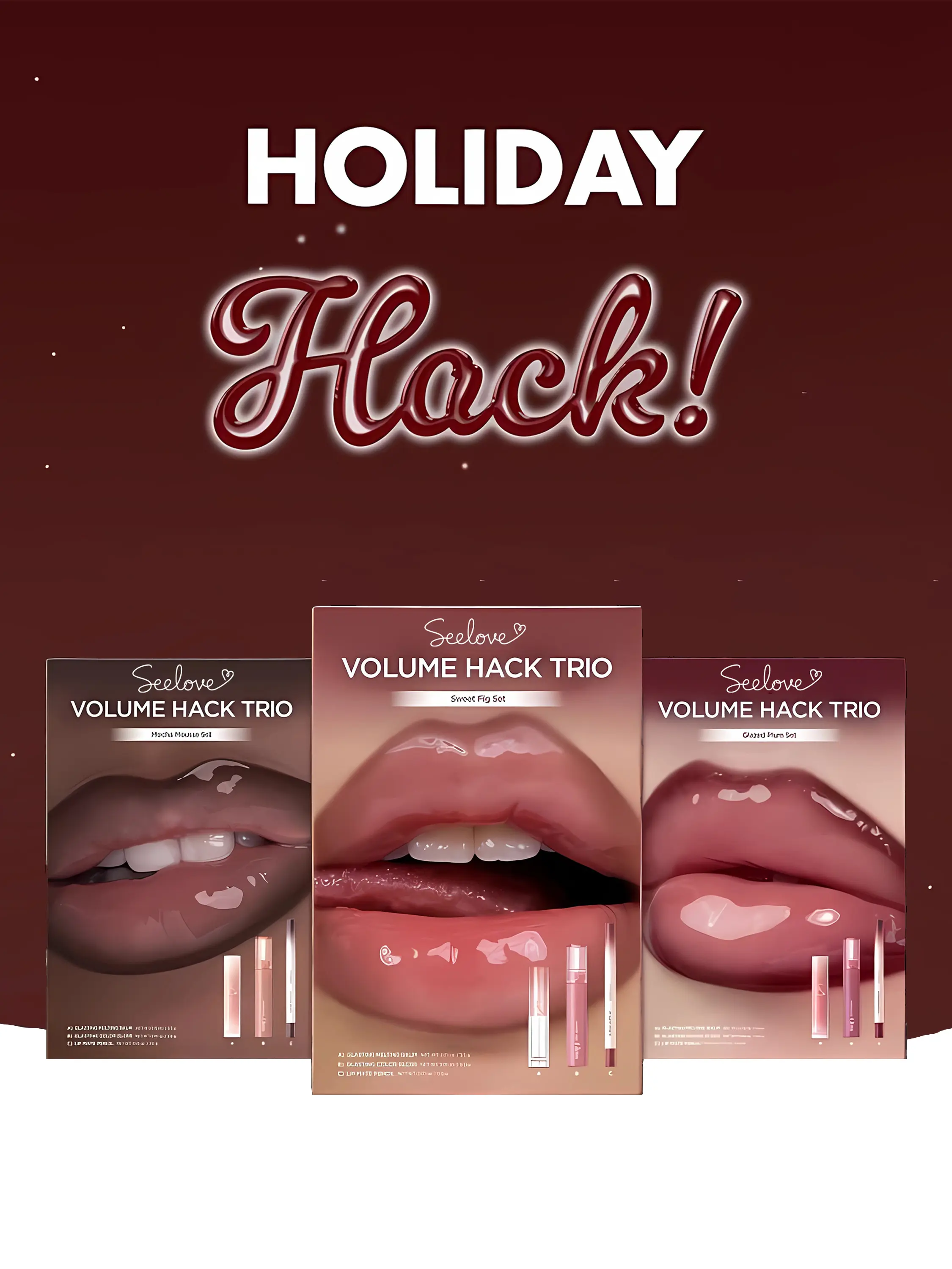 Seelove Volume Hack Trio 3-in-1 3D Plumping Lip Kit | High-Shine Glass Lip Combo with Liner, Melting Balm & Gloss | 8 Botanical Oils Non-Sticky Formula for All Skin Tones