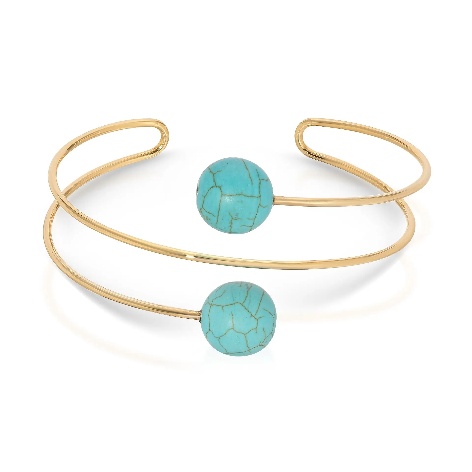 Turquoise Cuff Bracelet – 18K Gold or Silver Plated Adjustable Wire Cuff with Turquoise Stones | Boho Statement Jewelry for Women