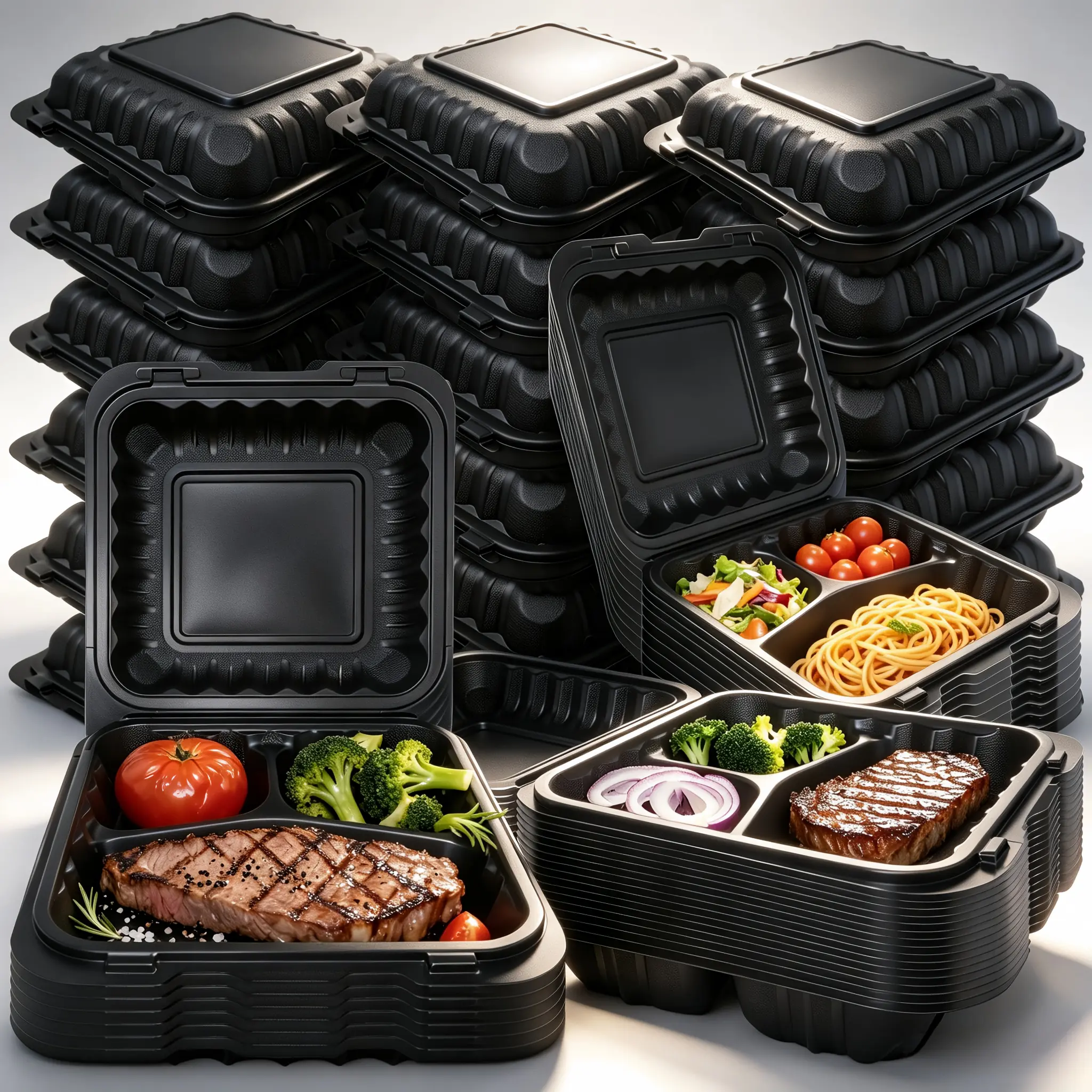50-Pack Reusable 3-Compartment Microwave Safe Plastic Food Storage Lunch Boxes with Leakproof Flip-Top Lids, Portable Stackable Heat-Resistant Meal Prep Containers, Dishwasher Safe, Ideal for Picnic Lunch, Camping, Organized Food Storage, Multifunctional