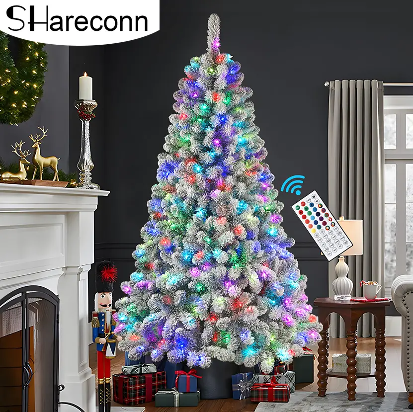 SHareconn Pre-Lit RGB PVC Flocking Christmas Tree - Classic Irregular Shape, Multiple Heights (4/5/6/7.5/9/12FT), Eco-Friendly Color Changing Snow Flocking, Deluxe Hinged Design, Remote Control, RGB Mood Lighting, Home Festive Decor