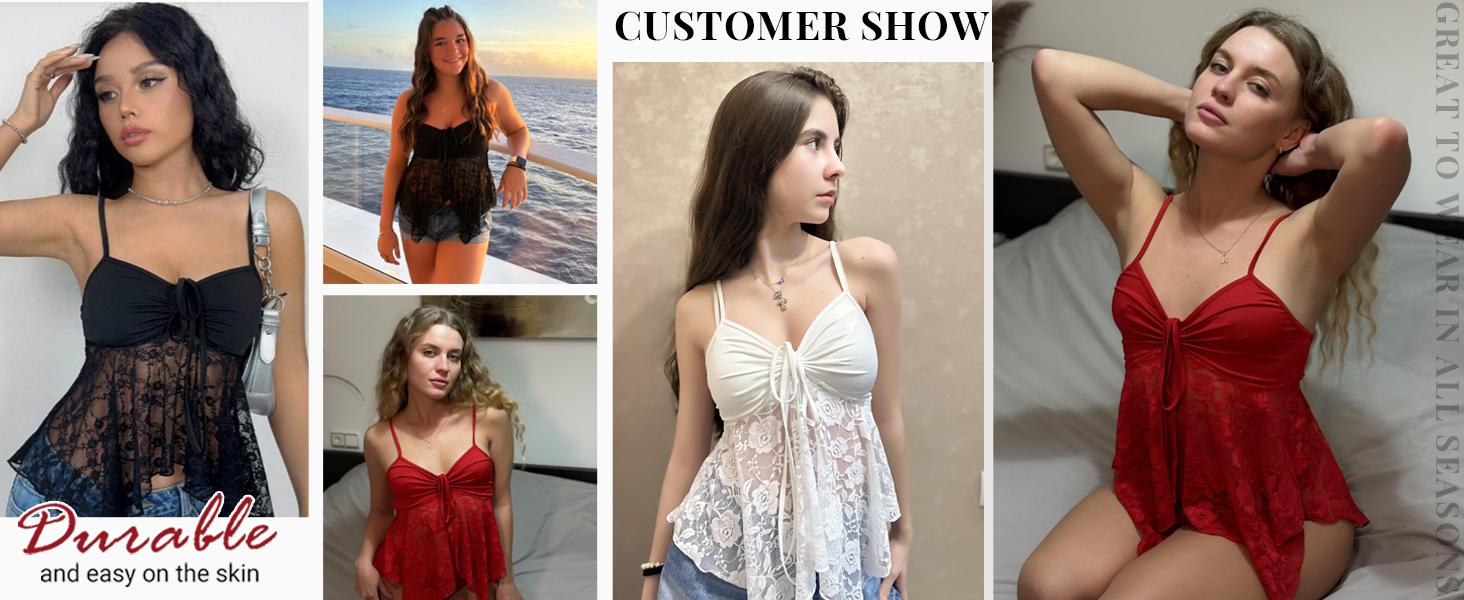 Avidlove Lace Bralette Crop Top for Women Y2k Cami Tank Top with Adjustable Spaghetti Straps & Elastic Thin Mesh Lace Comfortable Casual Lingerie Sizes Run Small Bustier SpringStatements Size Up For Fuller Bust
