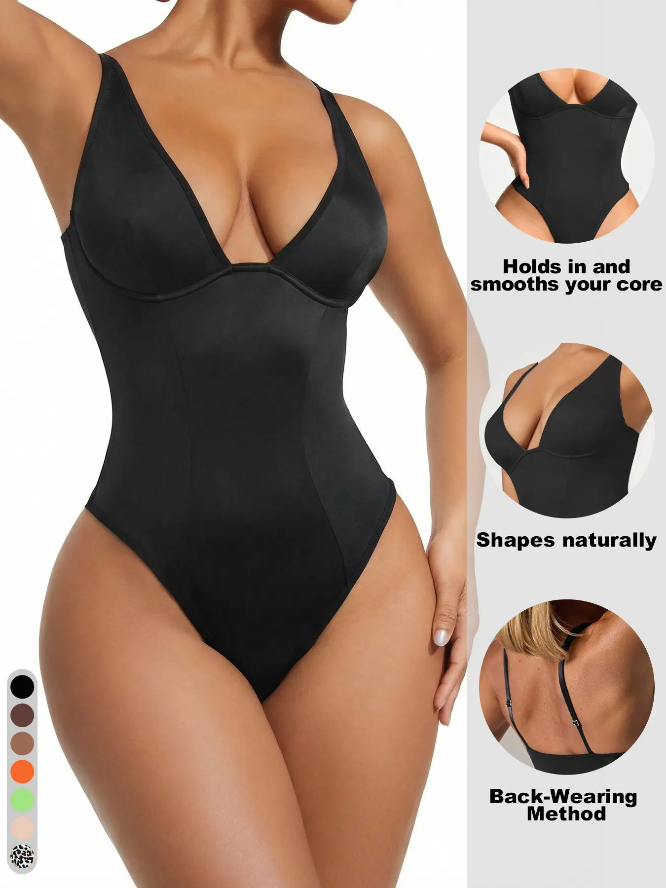 Women's Solid Color V-Neck Basic Fitted Shapewear Bodysuit, Body Shapers, Slimming And Shaping, Smooth Fit, Underwear
