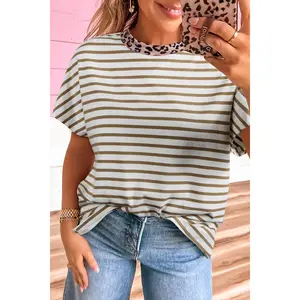 Khaki Stripe Leopard Patchwork Round Neck Loose T Shirt