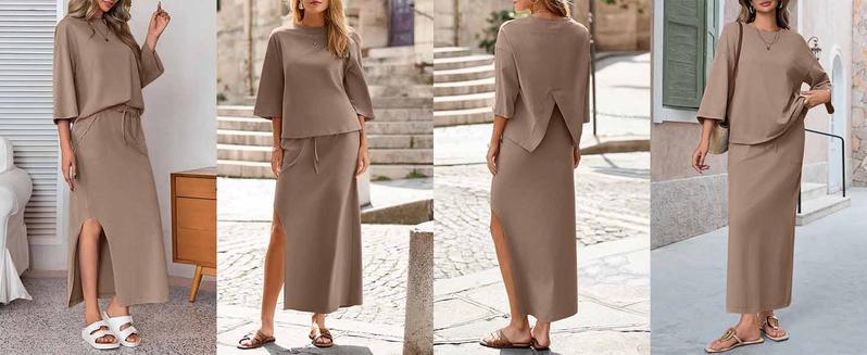Mundoven Womens 2 Piece Skirt Sets Oversized 3/4 Sleeve Top and Maxi Skirt Fall Matching Outfits Travel Vacation Set Mundoven Womens 2 Piece Skirt Sets Oversized 3/4 Sleeve Top and Maxi Skirt Fall Matching Outfits Travel Vacation Set