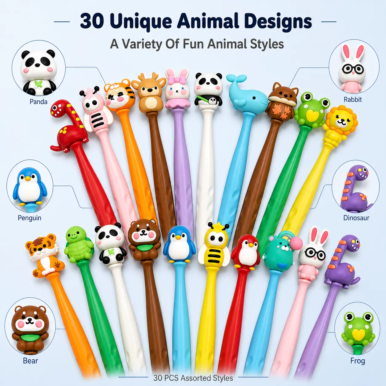 30 PCS Animal Pencil Top Erasers, Cute Kawaii Animal Eraser Toppers, Soft Rubber Pencil Cap Erasers, Assorted Cartoon Animal Designs for Writing, Drawing, Office, School, Planner, Journal Supplies