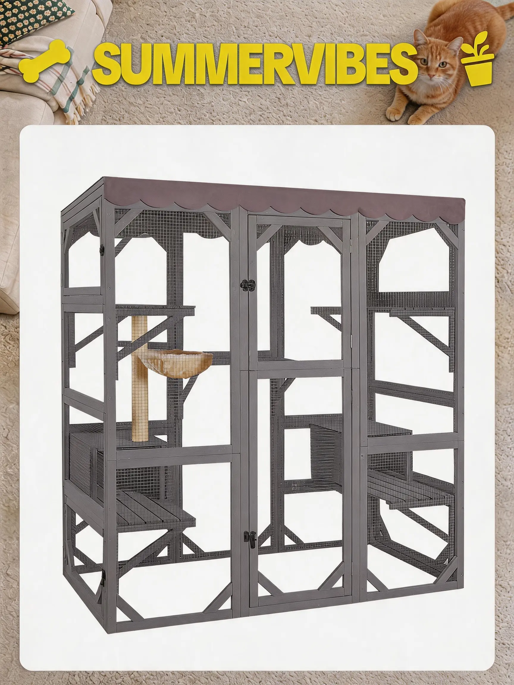 Aivituvin Solid Enclosed Walk-In Catio - 5-Level Outdoor Cat Playpen Furniture with Scratching Post, Hammock, Vertical Scratcher, 64.2" Tall Wire Mesh Access Door (Calming Outdoor Cat Pet Supplies), Grey, Porch