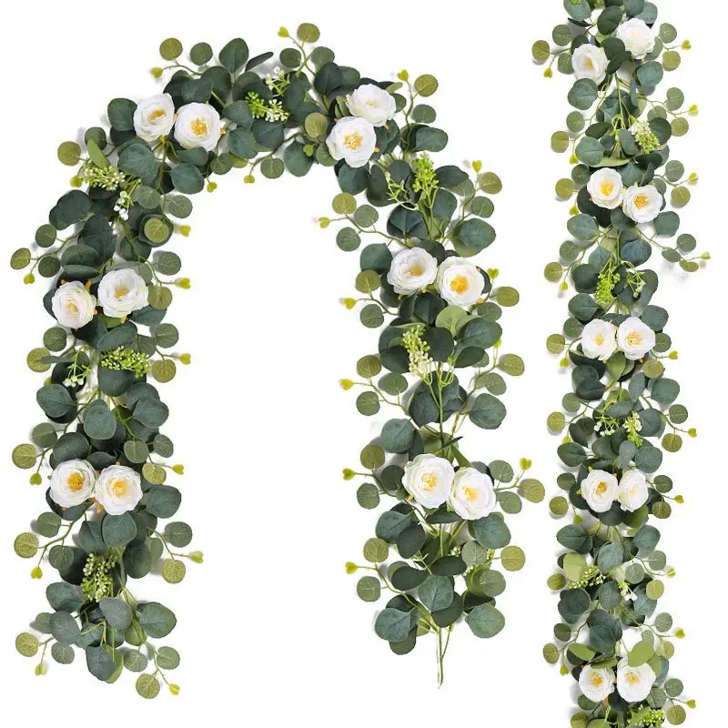 2 Pack Eucalyptus Flower Wreath Garland with Roses, 5.74 Feet Artificial Leaf Floral Vine Decor Artificial Flowers for Party Wedding Table Indoor Outdoor Decoration, Artificial Flower Decorations