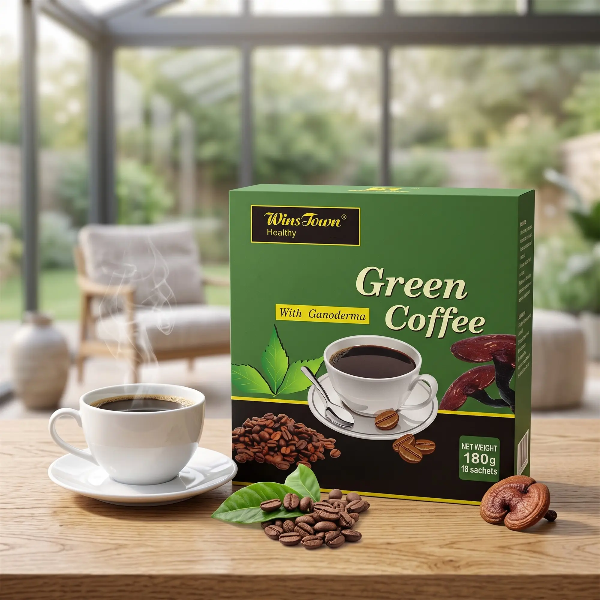 WinsTown Green Coffee Mix, 180g Instant Coffee Powder Supplement with 10 Natural Health Ingredients, 18 Individual Pack Sachet Beans for Adults