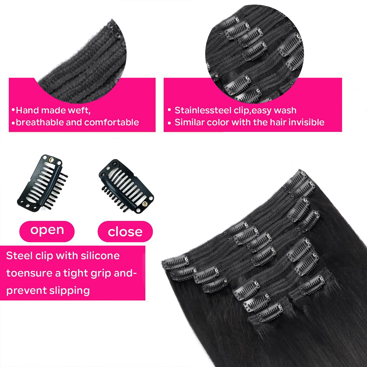 Mamushow Yaki Straight Clip in Hair Extensions Human Hair Seamless Pu Clip ins Hair 8 Pcs 18 Clips Human Hair Natural Black 12-30 Inches 120g/pack