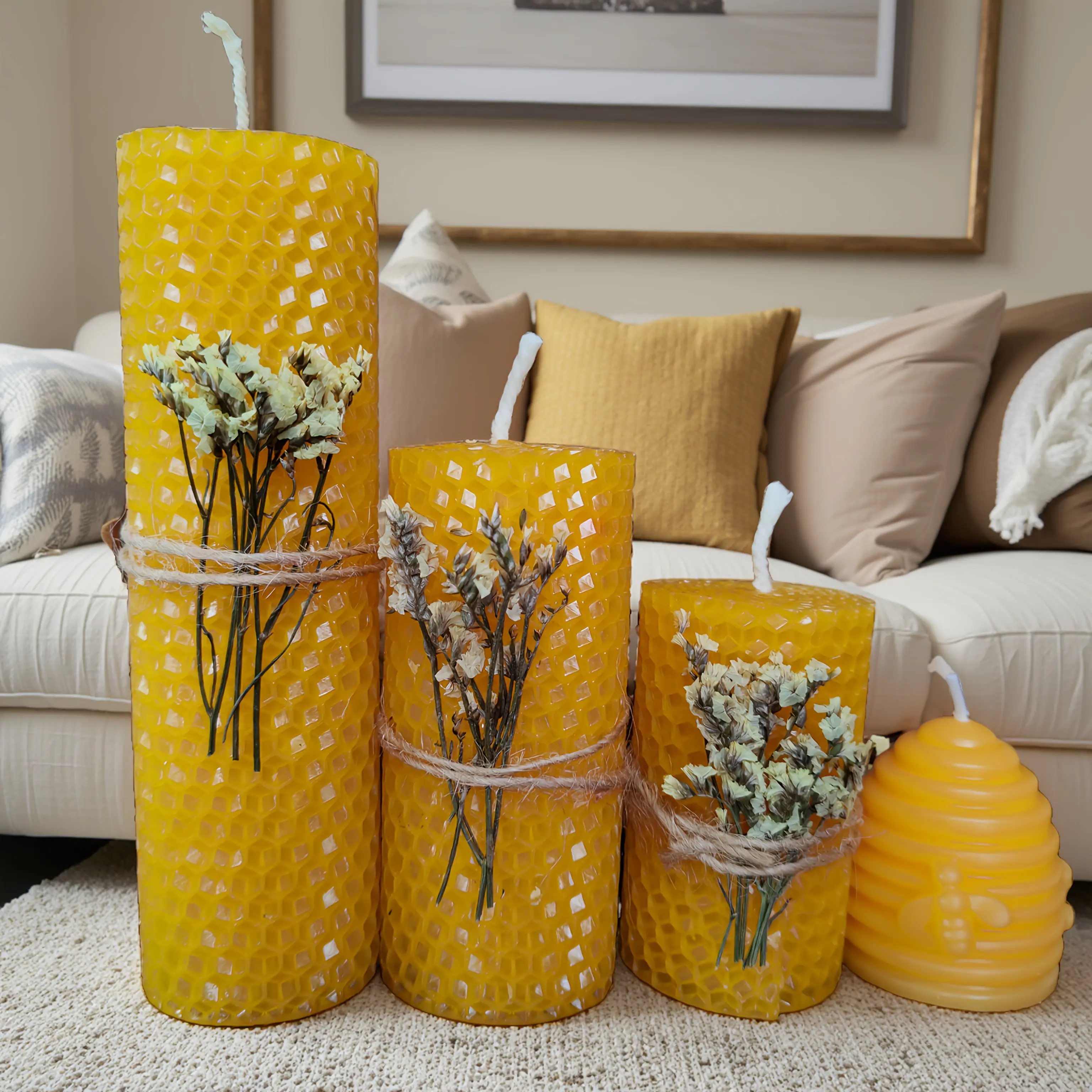 Natural Color Beeswax Candle Gift Set - 4-Piece Decorative Retro Ornaments with Dried Flower Accents, Embossed Honeycomb Texture, 48H Total Burn Time, Cozy Ambient Lighting, Sofa Home Decor, Ideal for Christmas, Commemorative Gifting, Wick