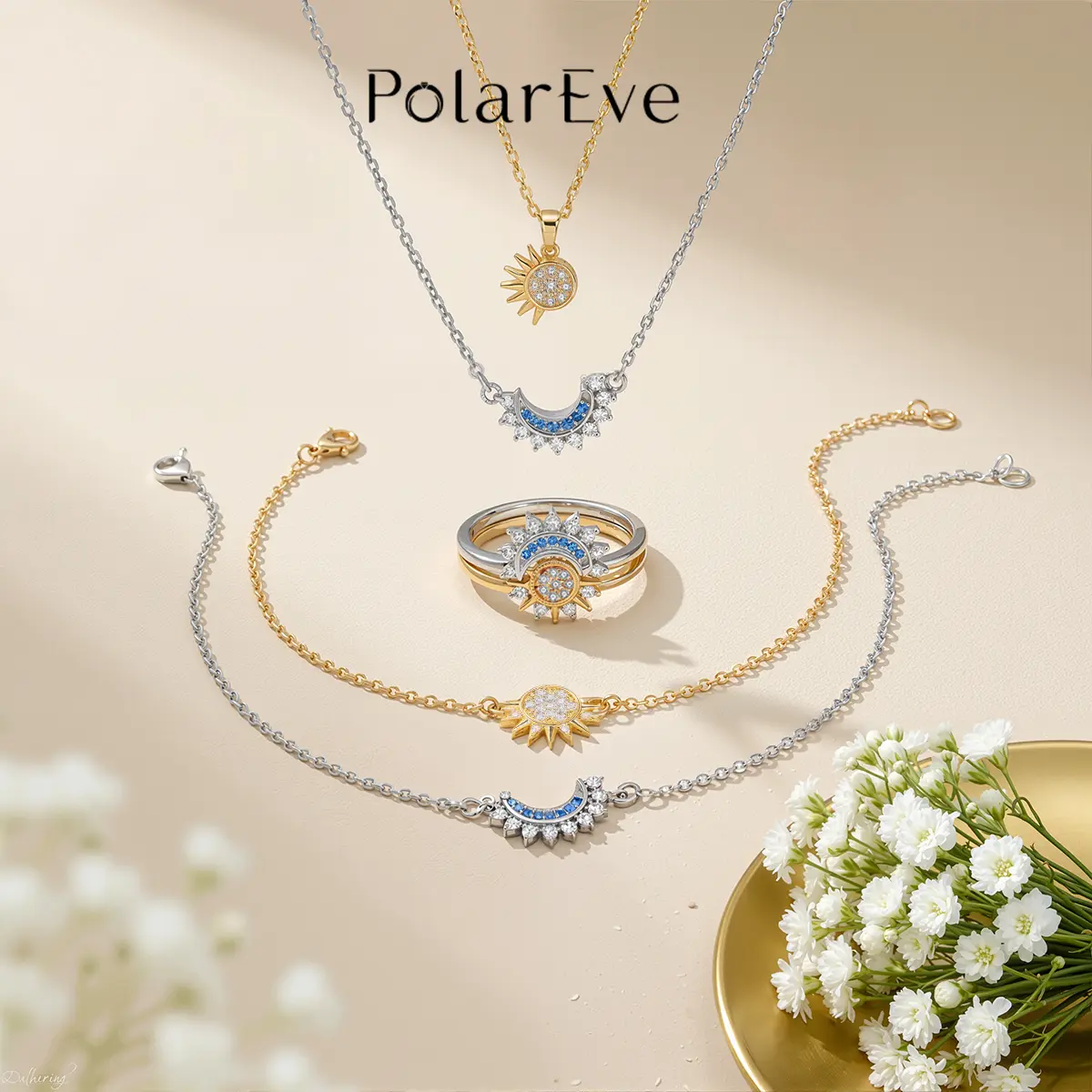 PolarEve Unisex Sun and Moon Design 3-Piece Elegant Costume Jewelry Set - Magnetic Closure Necklace, Ring, Bracelets for Couples, Anniversary, Special Moments, Everyday Wear