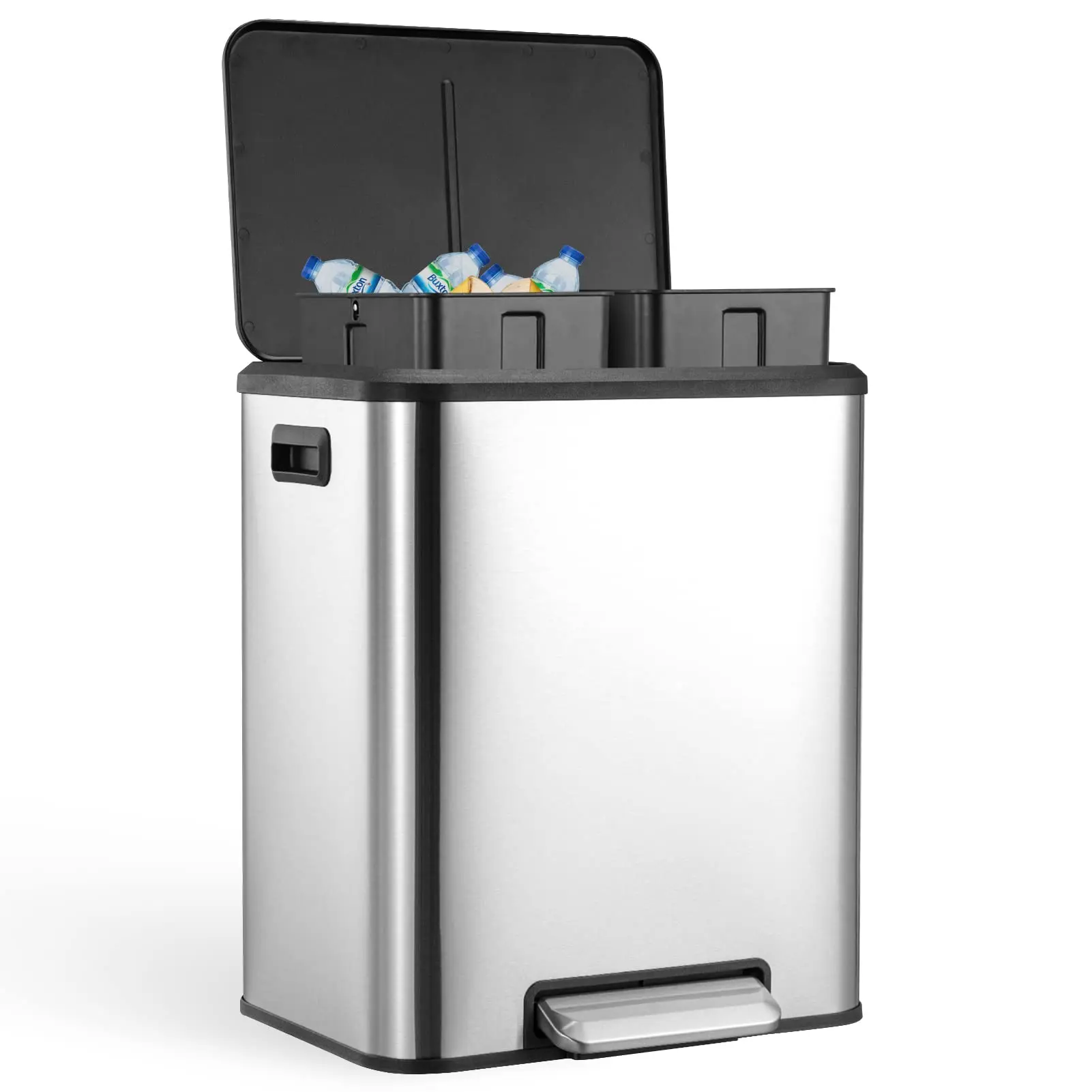 【Restock Sale】GARVEE 2x4 Gallon Kitchen Dual Trash Can and Recycling Bin Stainless Steel Removable Inner Bin and Soft Close Lid for Home Office Business Silver