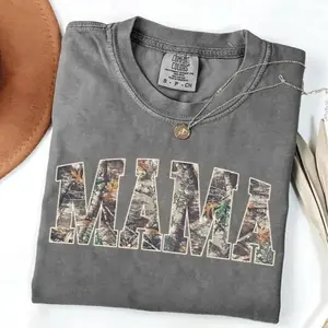 Comfort Colors Hunting Mama T-Shirt, Camo Mama Shirt, Mother's Day Gift, Camouflage Mama T-Shirt, Varsity Mama Shirt, Retro Mam Shirt