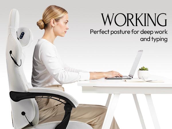 Dowinx Ergonomic Video Gaming Chair with 3D Kneading Massage Headrest, High Back PU Leather Office Chair for Heavy Duty, Reclining Computer Chair with Lumbar Cushion