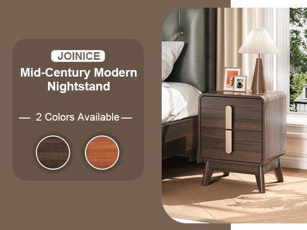 2-Pc Mid Century Nightstands, Dark Walnut Bedside Tables w/Drawers & Metal Handles, Solid Wood Feet
