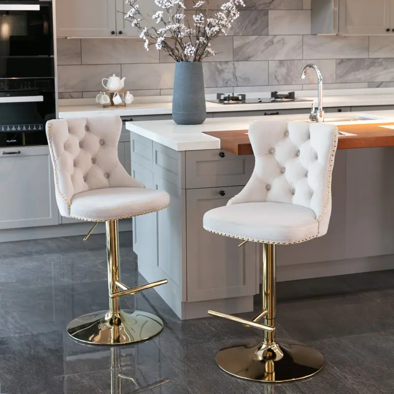 A&A Furniture Beige Adjustable Velvet Bar Chairs - 25-33in Height, Golden Swivel, Tufted Comfort, Rolling, Durable, Assembly Required, Indoor Home Pub/Kitchen Island Seating, Set of 2