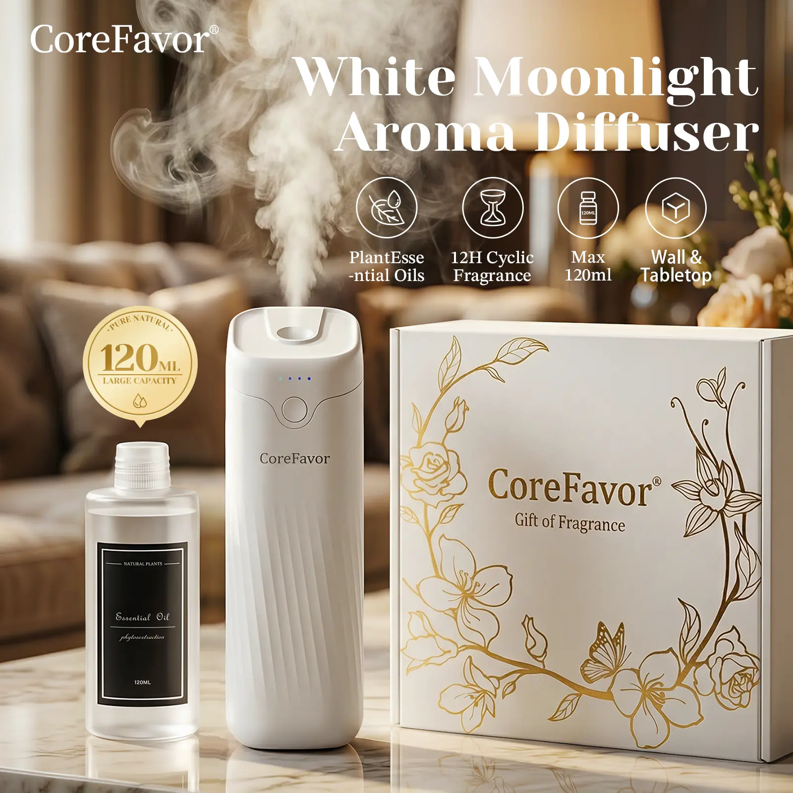CoreFavor Waterless Essential Oil Diffuser - 120ml Aroma Oil Included, Wall-Mountable, USB Rechargeable, 4 Adjustable Scent Intensities, Low-Noise Calm Operation, Boujee Home Accessories, Ideal Gift for Bedrooms, Offices