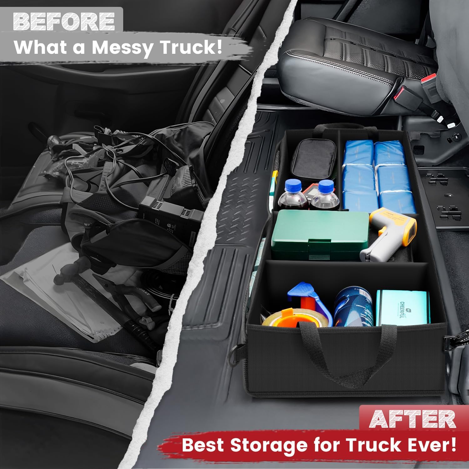 Canvcle Under Seat Truck Organizer Storage Box with 1 Removable Divider & 5 Storage Mesh Bag, Collapsible Trunk Organizer for Car, SUV, Truck, or Van(Full Size Trucks) Two large storage compartments Canvcle Under Seat Truck Organizer Storage Box with 1 Removable Divider & 5 Storage Mesh Bag, Collapsible Trunk Organizer for Car, SUV, Truck, or Van(Full Size Trucks) Two large storage compartments