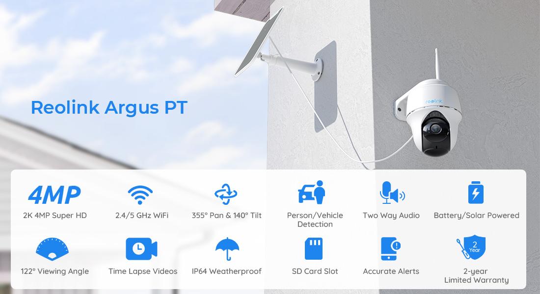 Reolink Argus PT with 3W Reolink Solar Panel 2K+ 5MP WIFI Outdoor Batttery Security Camera, Dual-Band WiFi, Smart Detection