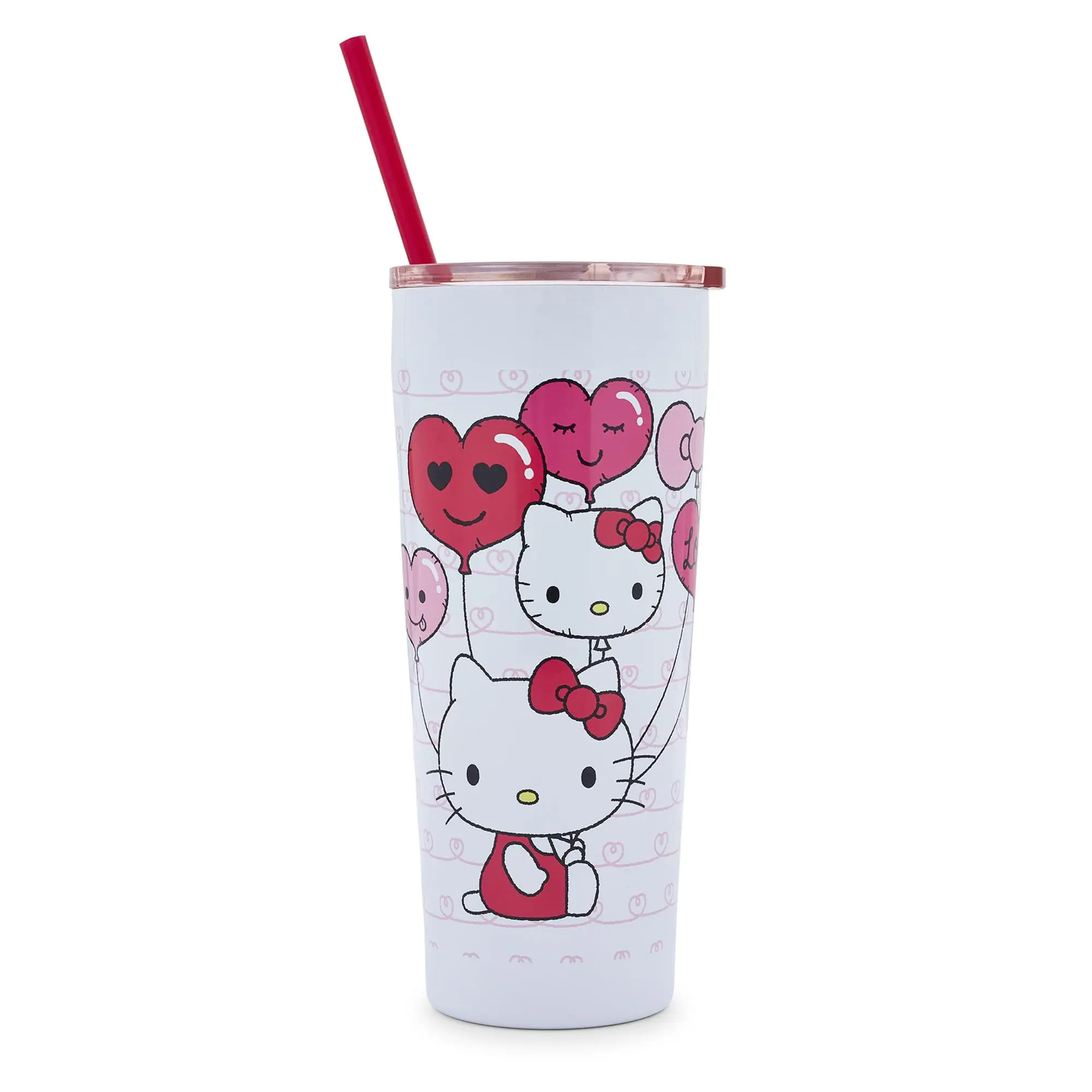 Sanrio Hello Kitty Themed 22-oz Stainless Steel Portable Reusable Tumbler - Coffee Mug with Balloons, Love Hearts, Double-Sided Design, Lid and Straw