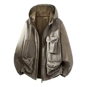Men’s streetwear cargo hooded jacket, spring new arrival loose casual denim jacket, retro trendy washed distressed design denim jacket, spring/autumn loose versatile long-sleeve hooded outerwear, comfortable breathable fabric, suitable for everyday wear