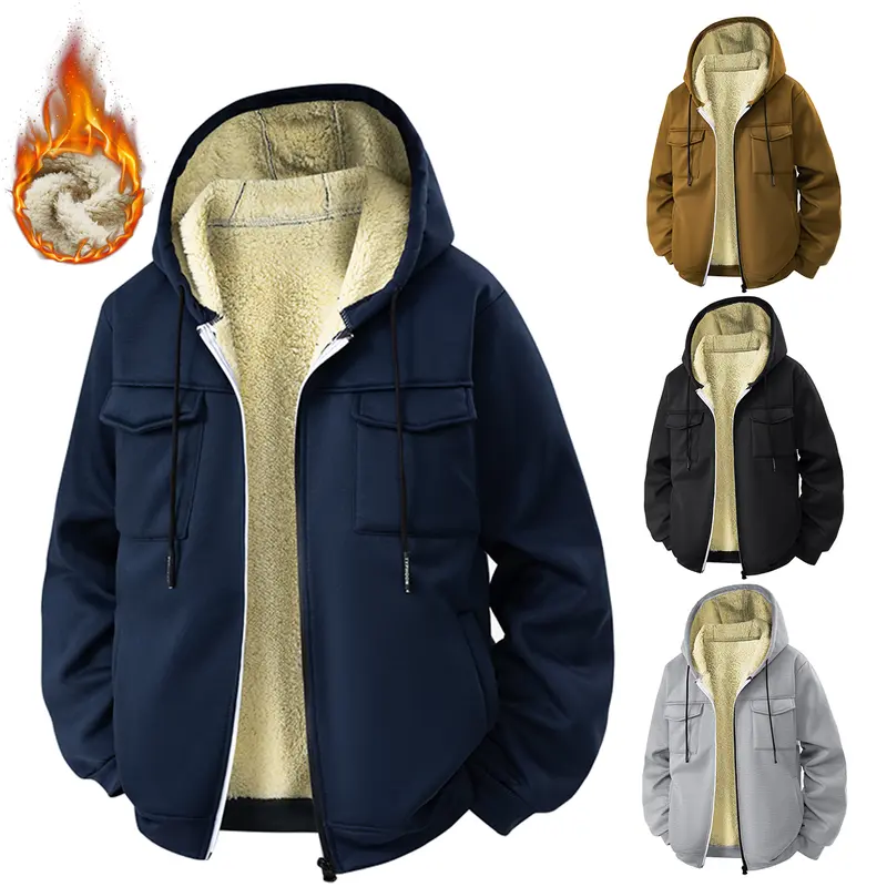 Men's Fleece Hooded Sweater with Warm Lining Multi-Pocket Zipper Closure for Autumn Winter Casual Wear